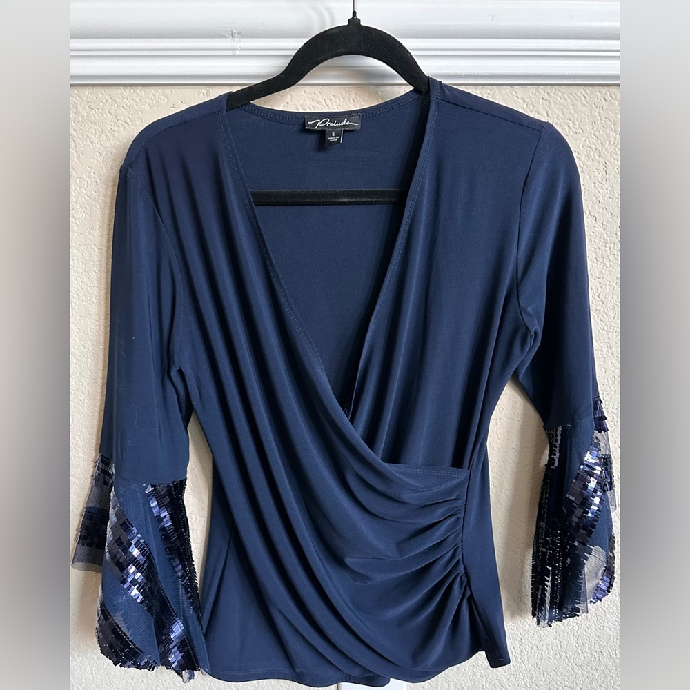 NWOT PRELUDE Navy Top with Bell Sleeves